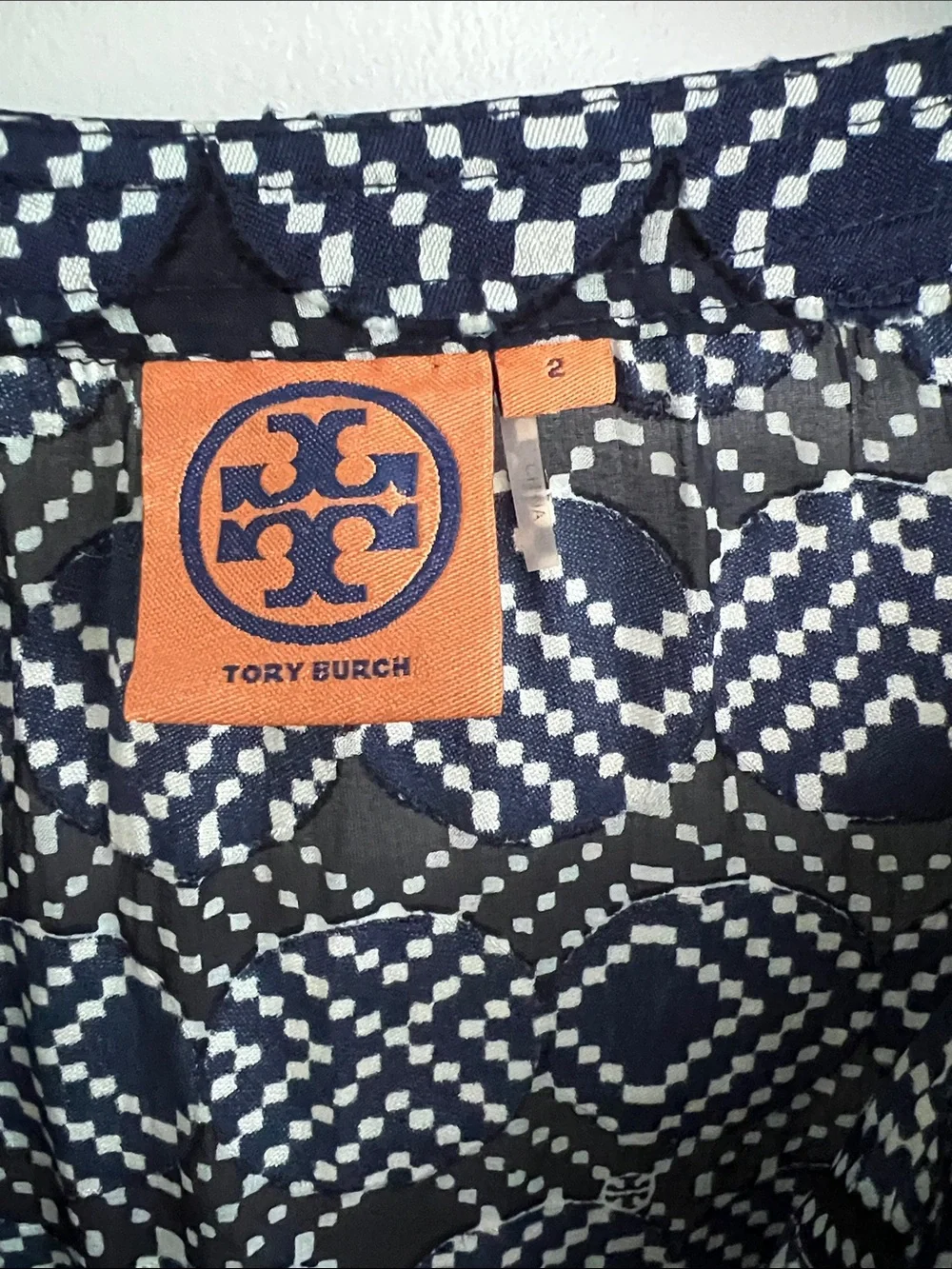 Tory Burch Navy and White Diamond-Print Ruffle V-Neck Tunic Top
